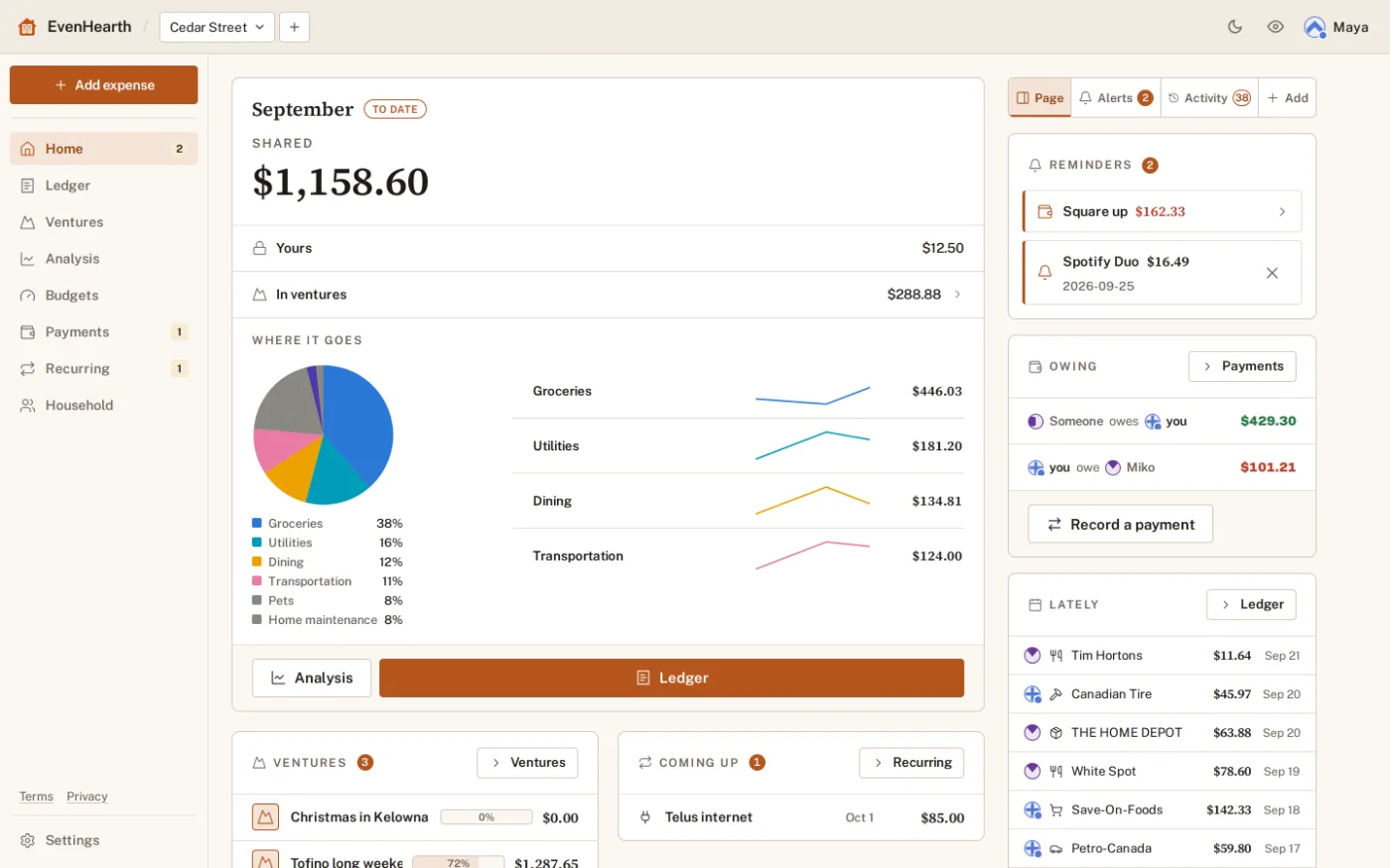 EvenHearth in a web browser: September to date, where the money goes by category, what is owed, the household’s ventures, and recent purchases.