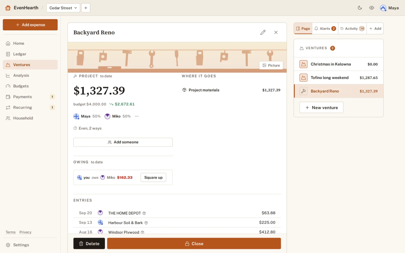 The Backyard Reno project in a web browser, with its budget, its 50/50 split, what is owed, and each entry from Home Depot, Harbour Soil & Bark and Windsor Plywood.