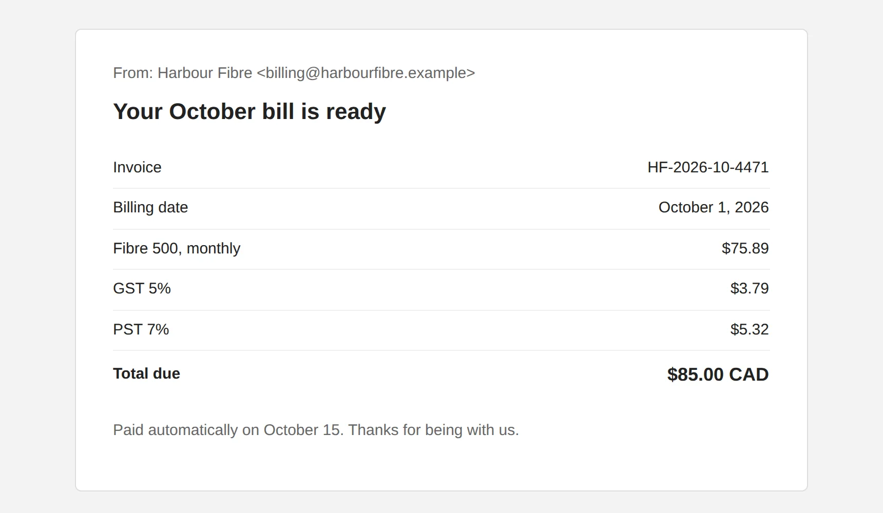 An emailed invoice open in a browser: Harbour Fibre, October, $85.00 CAD including GST and PST.