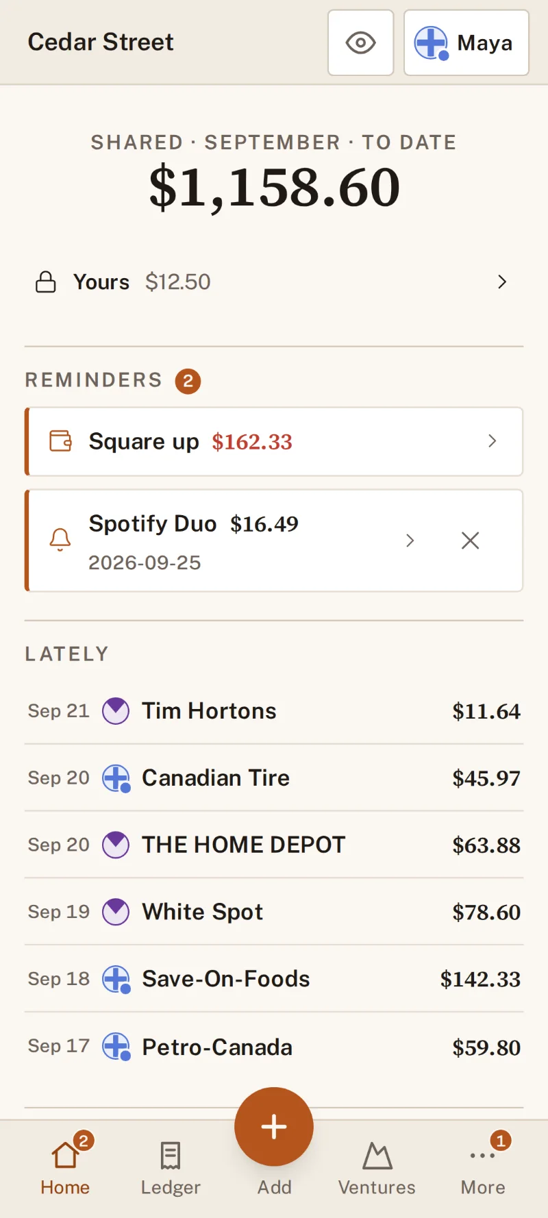 EvenHearth home screen for the Cedar Street household: $1,158.60 shared so far in September, a reminder to square up $162.33, and recent purchases from Tim Hortons, Canadian Tire and The Home Depot.