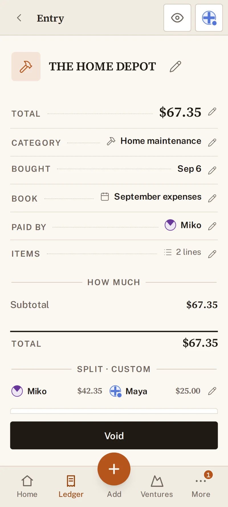 A $67.35 Home Depot purchase in EvenHearth, paid by Miko, split as $42.35 for Miko and $25.00 for Maya.