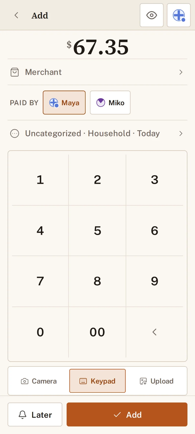 Adding an expense in EvenHearth by keypad: $67.35 typed in, paid by Maya, with Camera, Keypad and Upload to choose from.