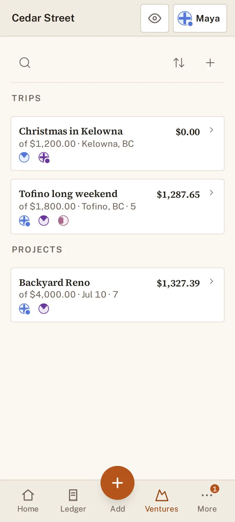 The Ventures screen: two trips, Christmas in Kelowna ($0.00 of $1,200, still ahead) and Tofino long weekend ($1,287.65 of $1,800), and one project, Backyard Reno ($1,327.39 of $4,000).